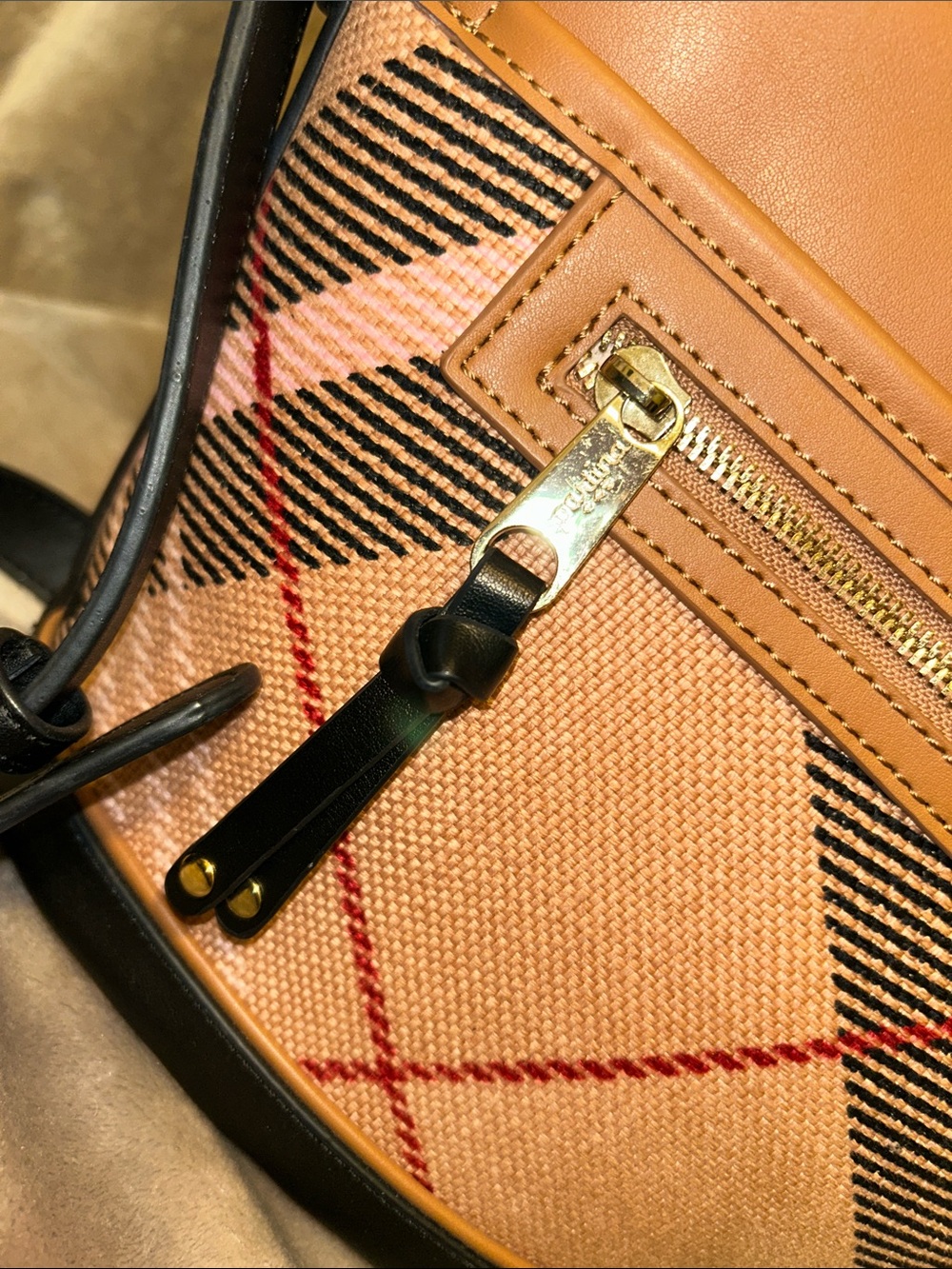 Spartina 449 Tan Nova Plaid Linen Leather Preppy Crossbody Bucket Tote Bag - Picture 5 of 16